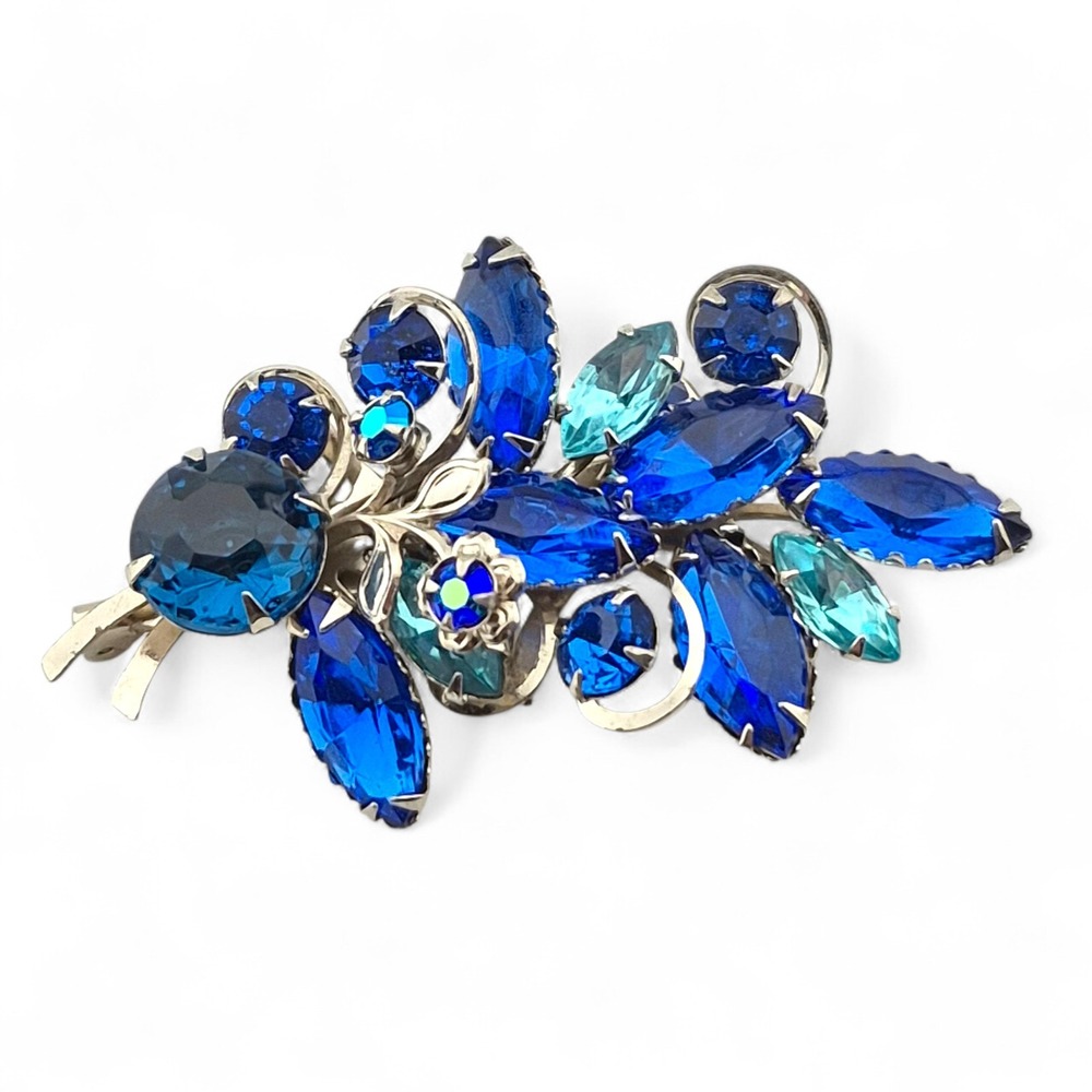 Vintage Blue Rhinestone Brooch Mid Century Floral Spray Pin Silver Tone 2.2in